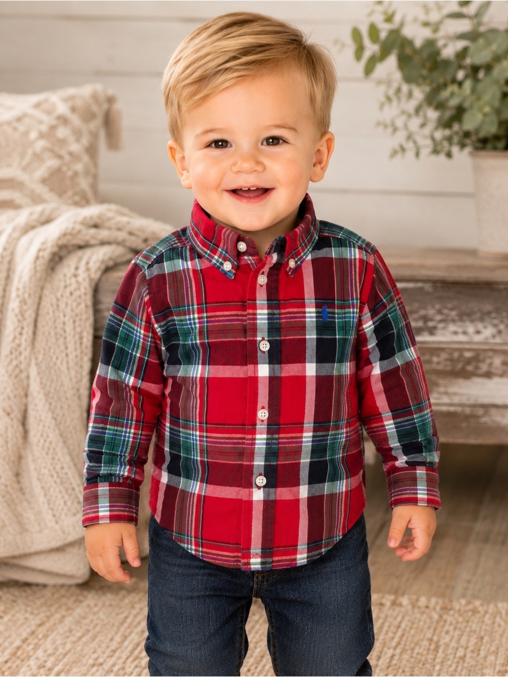 Ralph Lauren Baby Boys Red Plaid Button Down Shirt 12M Long Sleeve Cotton
